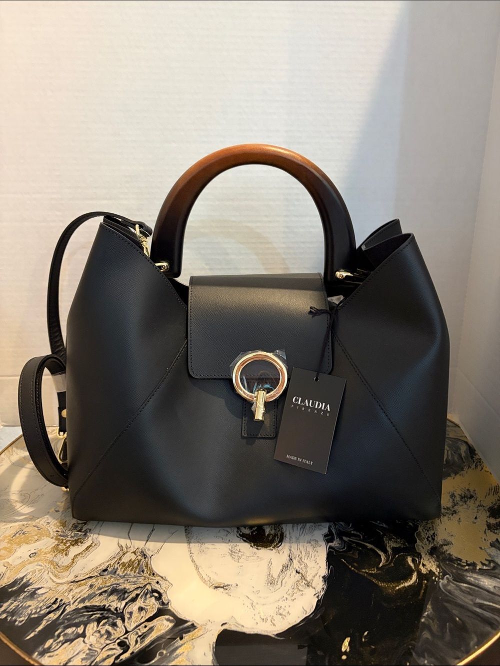 Claudia Firenze LeatherBlack Wooden Top-Handle Tote